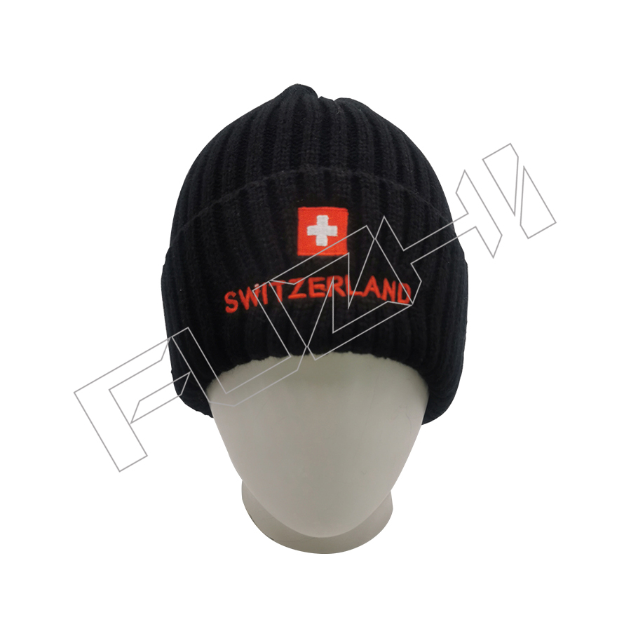 Flat Embroidery Acrylic Knitted Beanie