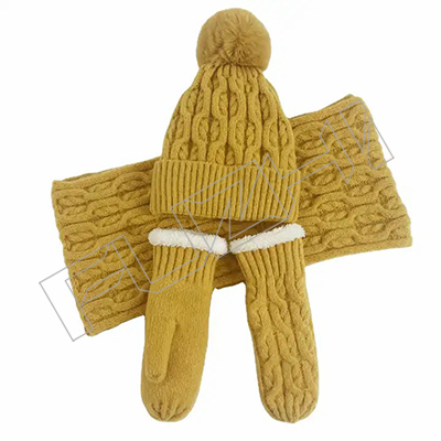 Wholesale Warm Beanie Mittens Three-piece Suit Skully Soft Cashmere Wool Knitted winter hat woman scarf and glove sets