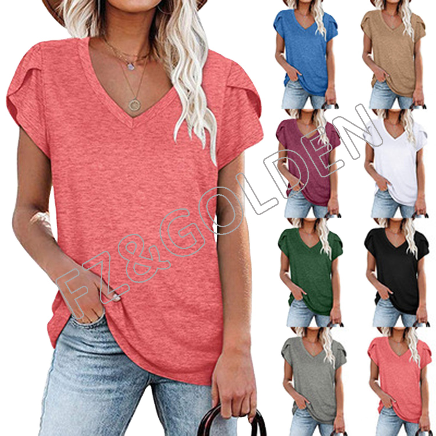 Womens Tops V Neck Summer Petal Sleeve Casual Tshirts