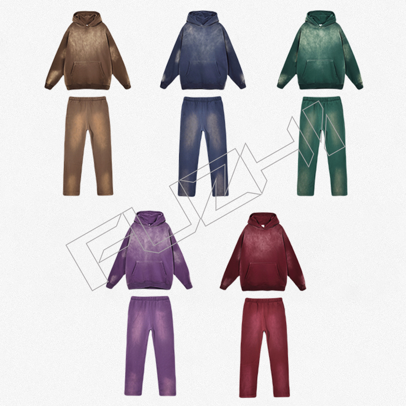 Fashion washed hole hoodie and pants hipster hoodie set washed fleece or terry hoodie and pants