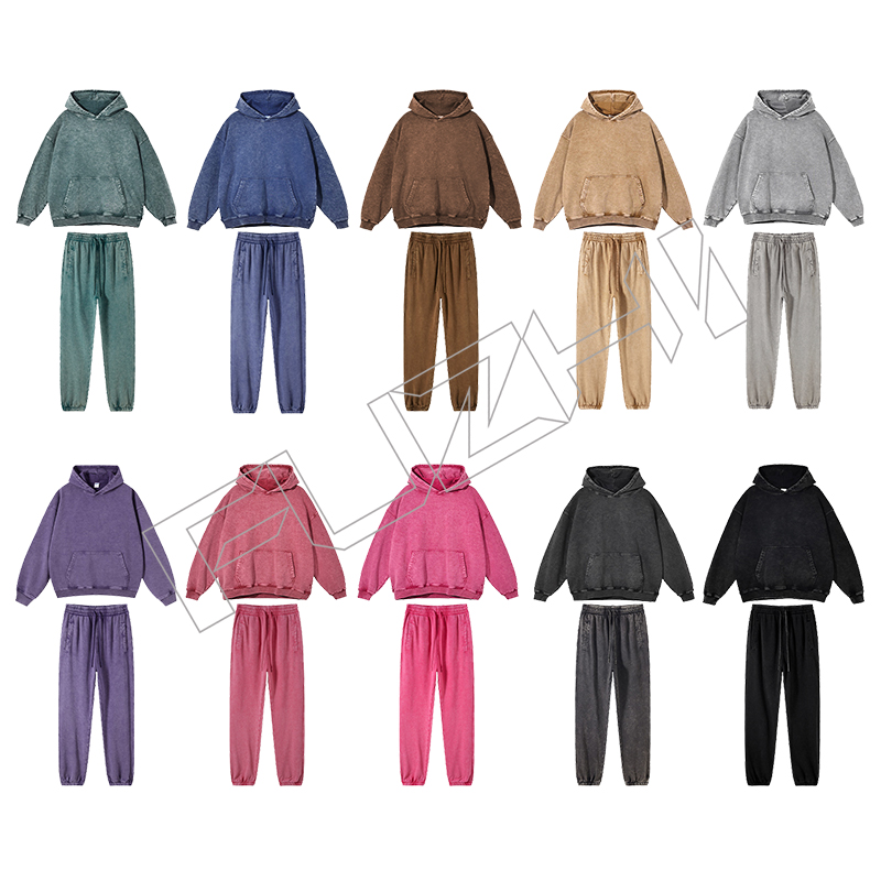 FGWH-1002 Fashion brand washed retro do old multi-color hoodie and pants washed hoodie set washed fleece or terry hoodie and pants