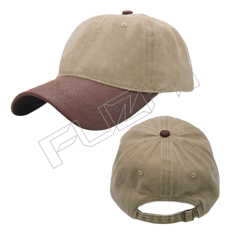 FGBC-6108 Vintage street style baseball cap washed vintage to make old soft top cap two-tone splicing PU leather peak washed vintage cap