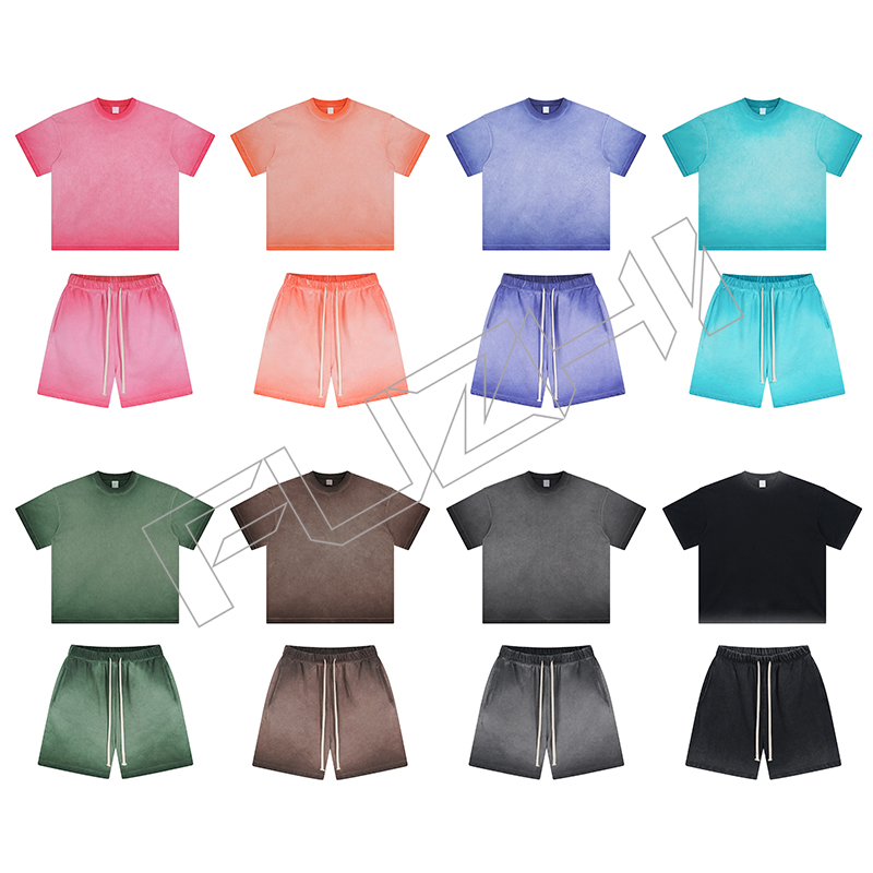 New fashion unisex dyed and worn-out water washed cotton terry short sleeved shorts set washed cotton T-shirt shorts