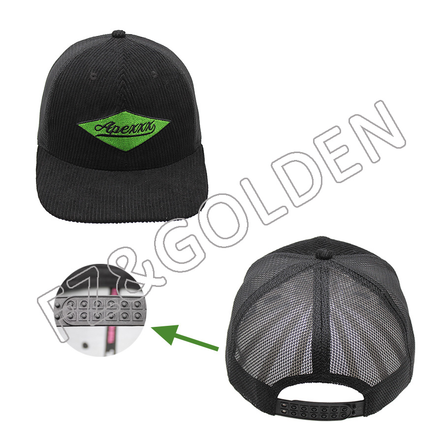 New arrival flat bill blank custom 5 panel fitted snapback corduroy trucker hat cap