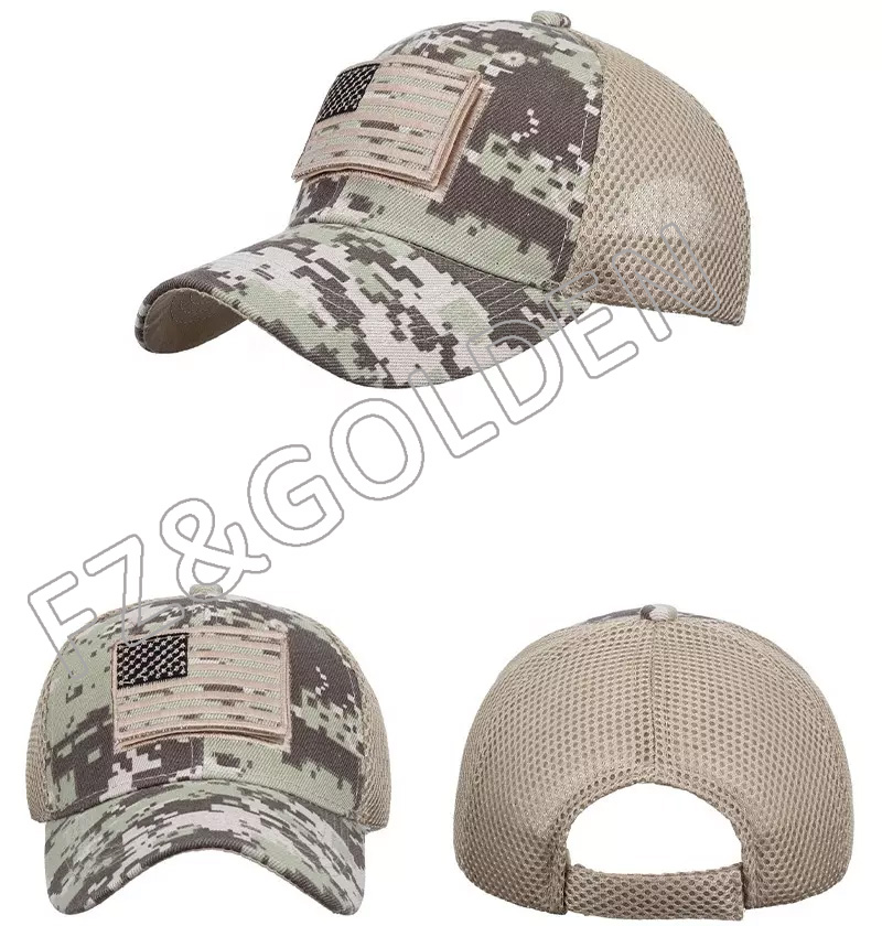 OEM Cheap Custom Logo High Quality 6 Panel Pre Curved Brim Old School Camo Mesh Trucker Caps Camo Hat