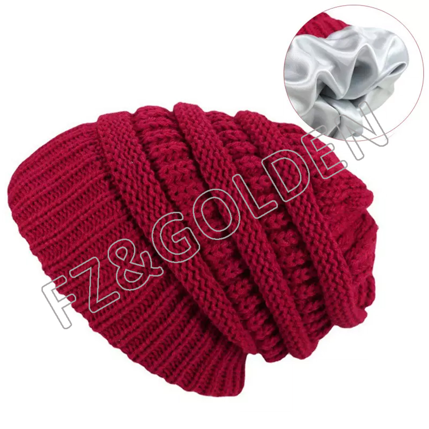 winter knitting knitted silk satin lined beanie hat for women